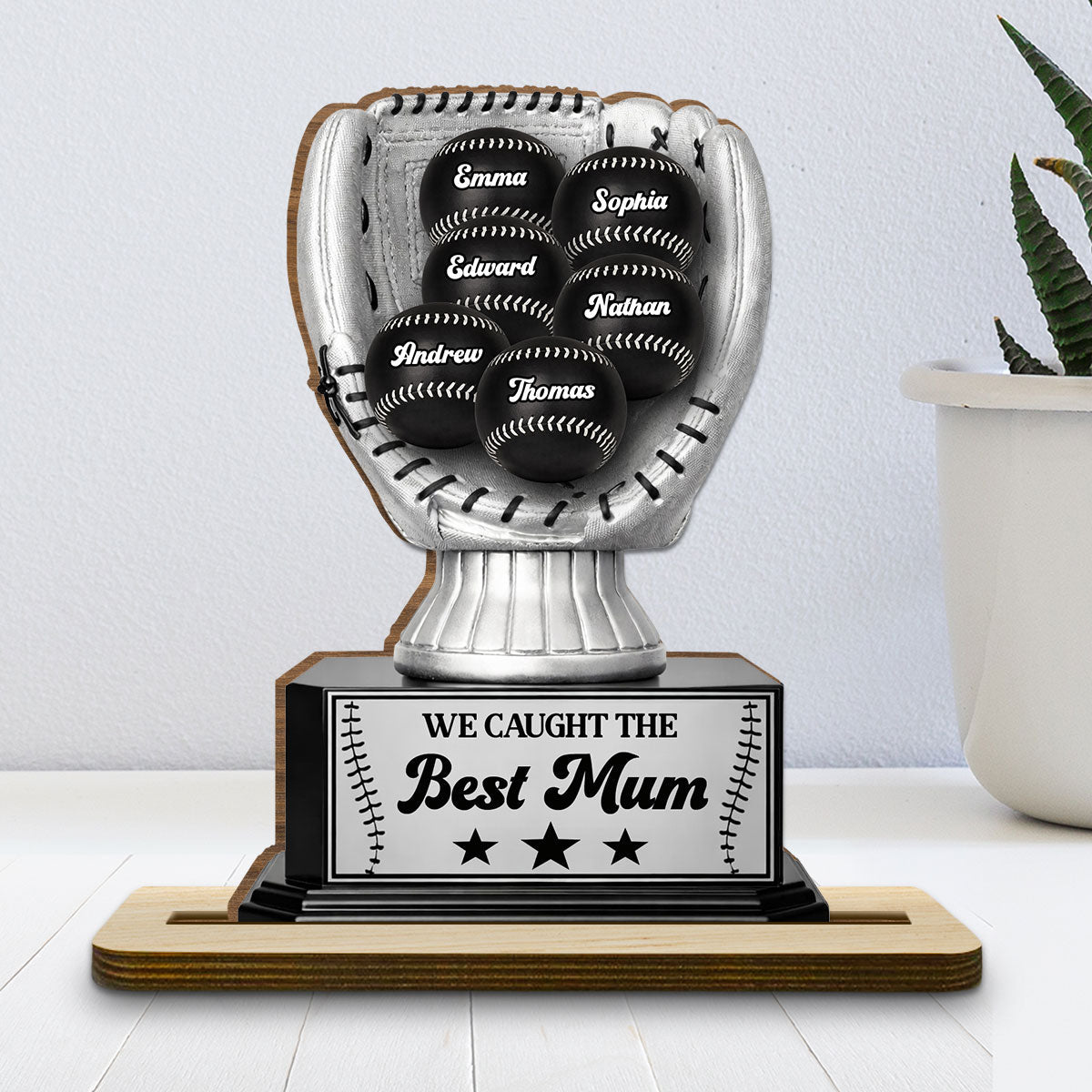 Custom Mother's Day Decor, Gift for Mom & Grandma • Perpetual Baseball Trophy - Personalized 2-Layer Wood Plaque With Flat Base