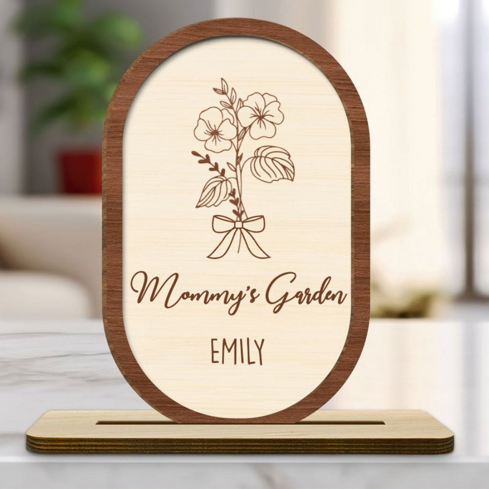Custom Mother's Day Decor, Gift for Mom & Grandma • Floral With Family Names - Personalized 2-Layer Wood Plaque With Flat Base
