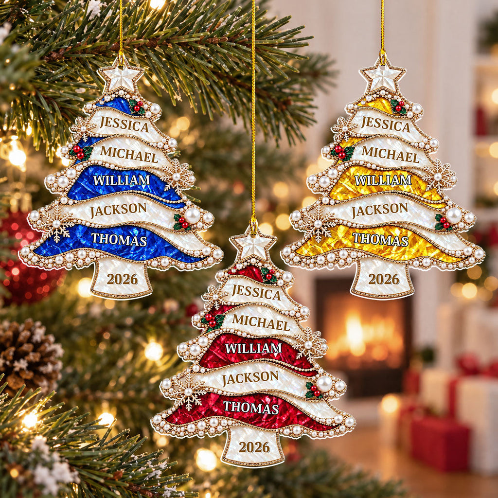 Custom Family Ornament, Christmas Gift for Family Members •  Golden Pearl Christmas Tree - Personalized 3D Effect Acrylic Ornament