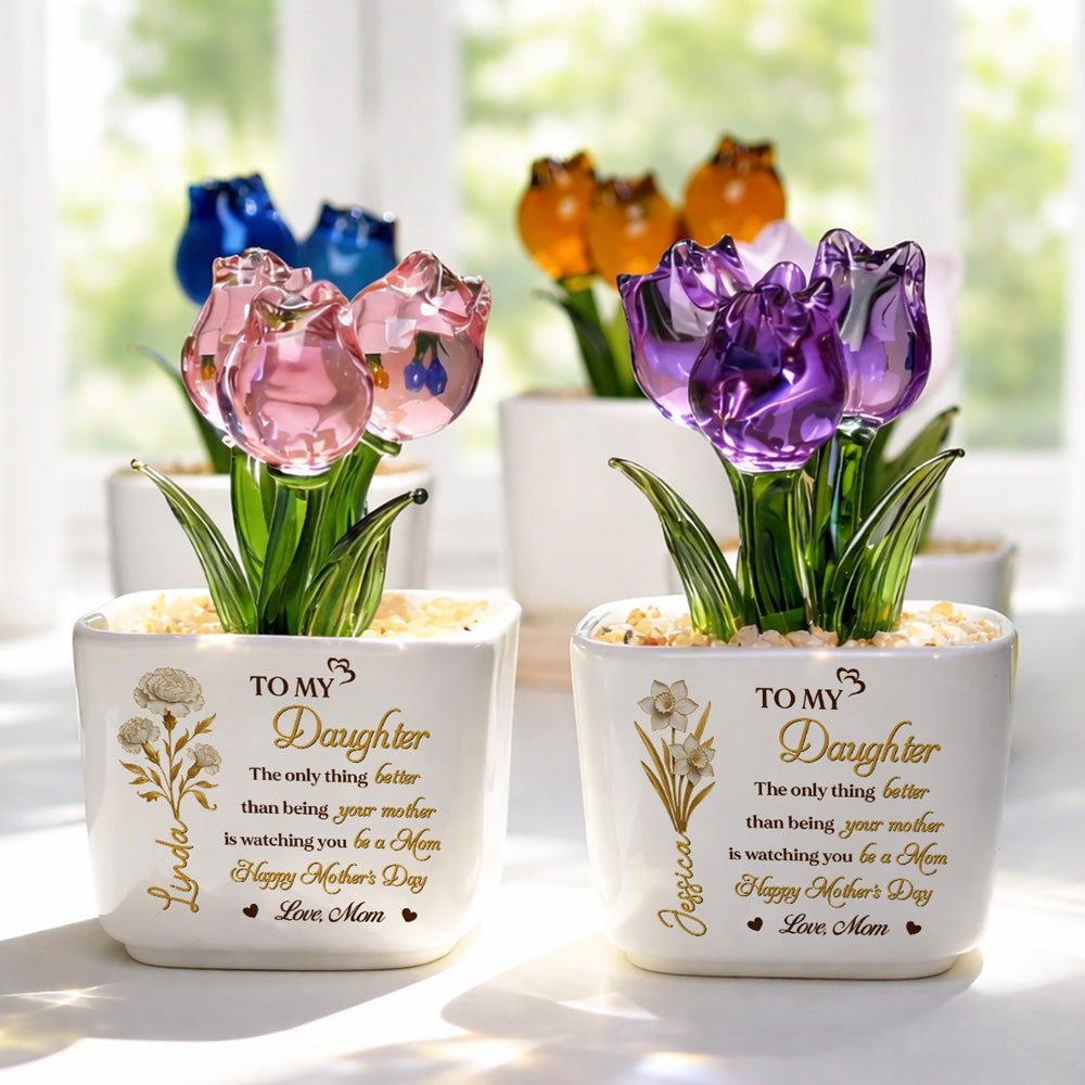 Custom Mother's Day Flower Keepsake, Glass Home Decor Gift for Daughter • Watching You Bloom - Personalized Glass Everlasting Tulips