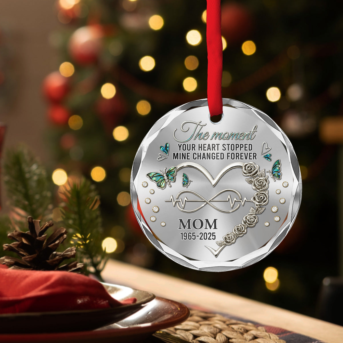 Custom Memorial Christmas Ornament, Sympathy Keepsake •  Your Heart Stopped Mine Changed Forever - Personalized Glass Ornament