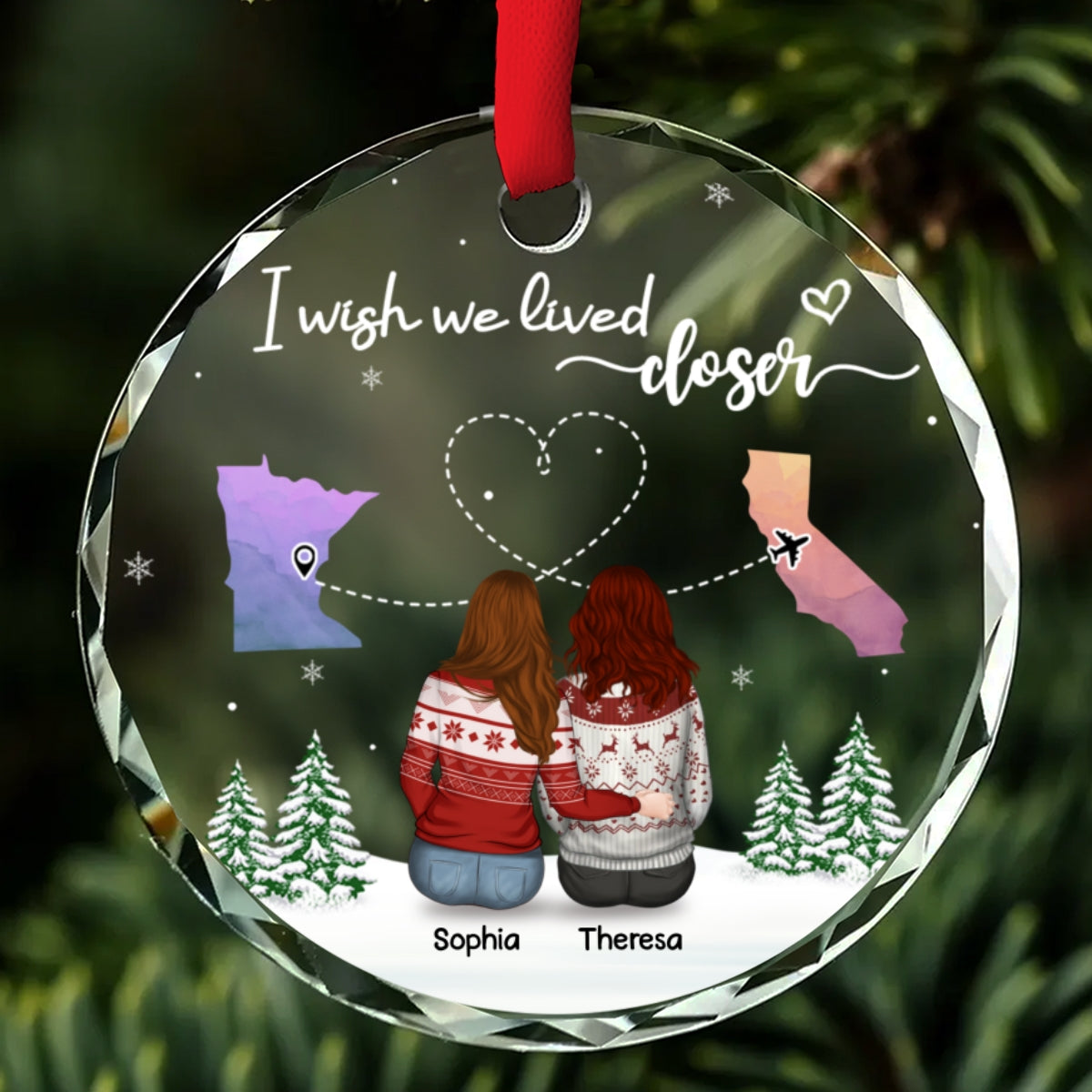 Custom Friendship Christmas Ornament, Best Friend Gift •  No Distance Between Friends - Personalized Glass Ornament