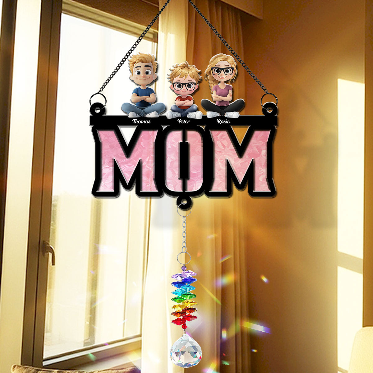 Custom Hanging Decor, Birthday Housewarming Gift • Mother Is Our Sunshine - Personalized Suncatcher With Crystal Rainbow Charm