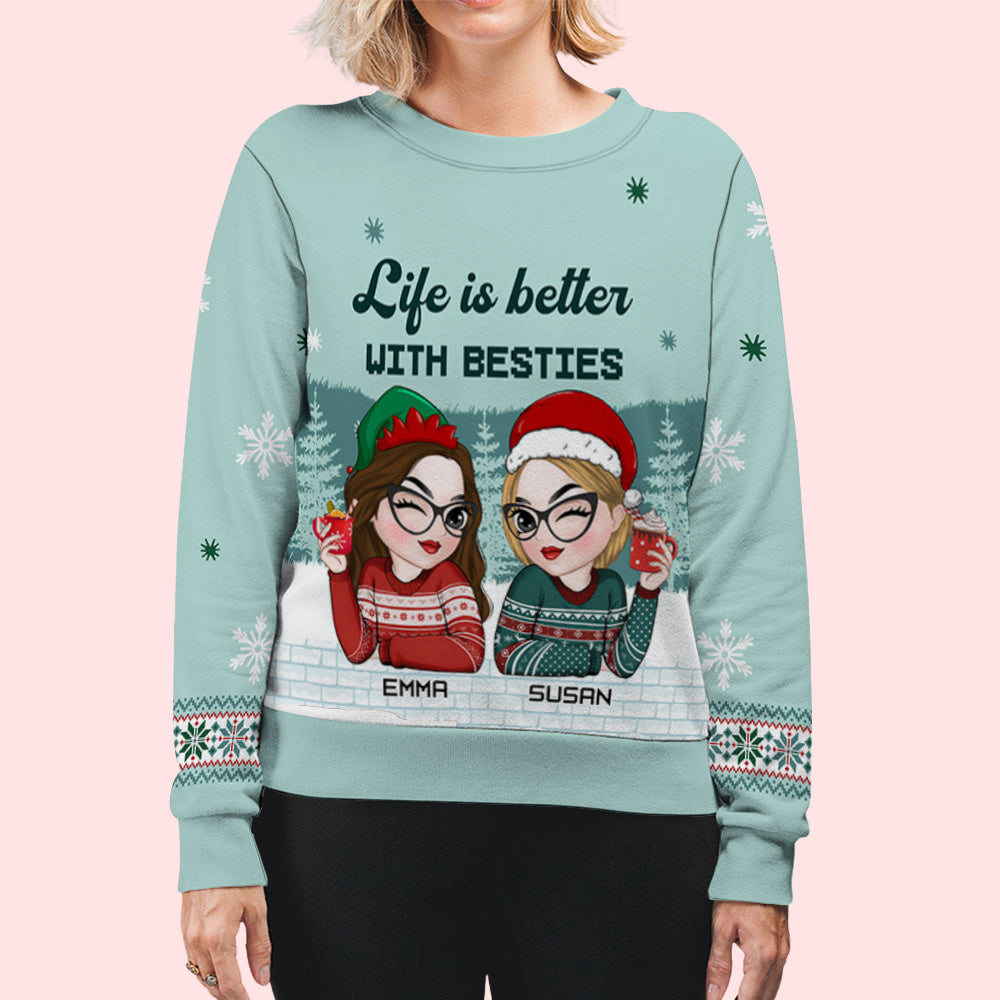 Custom Friendship Christmas Sweatshirt, Best Friend Gift • Besties Forever 2024 - Personalized All-Over-Print Sweatshirt