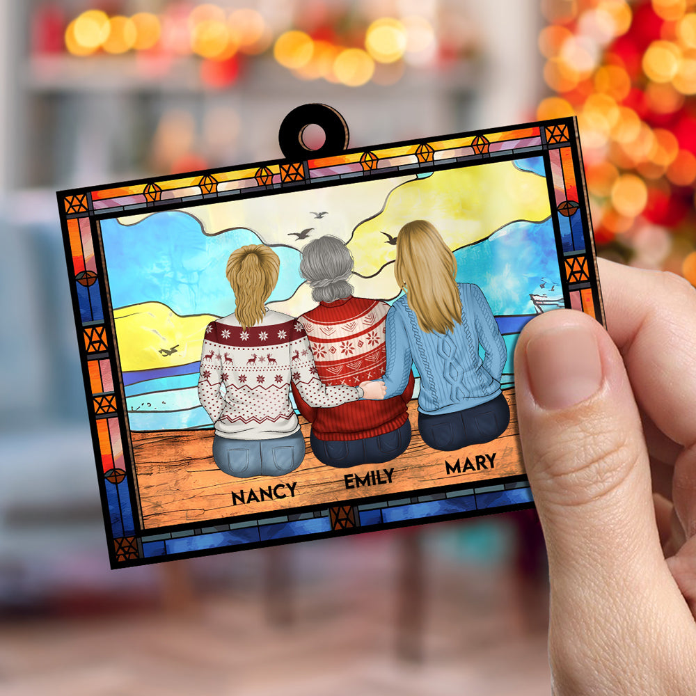 Custom Family Ornament, Christmas Gift for Family Members •  Mom And Children Sitting On The Beach - Personalized Suncatcher Ornament