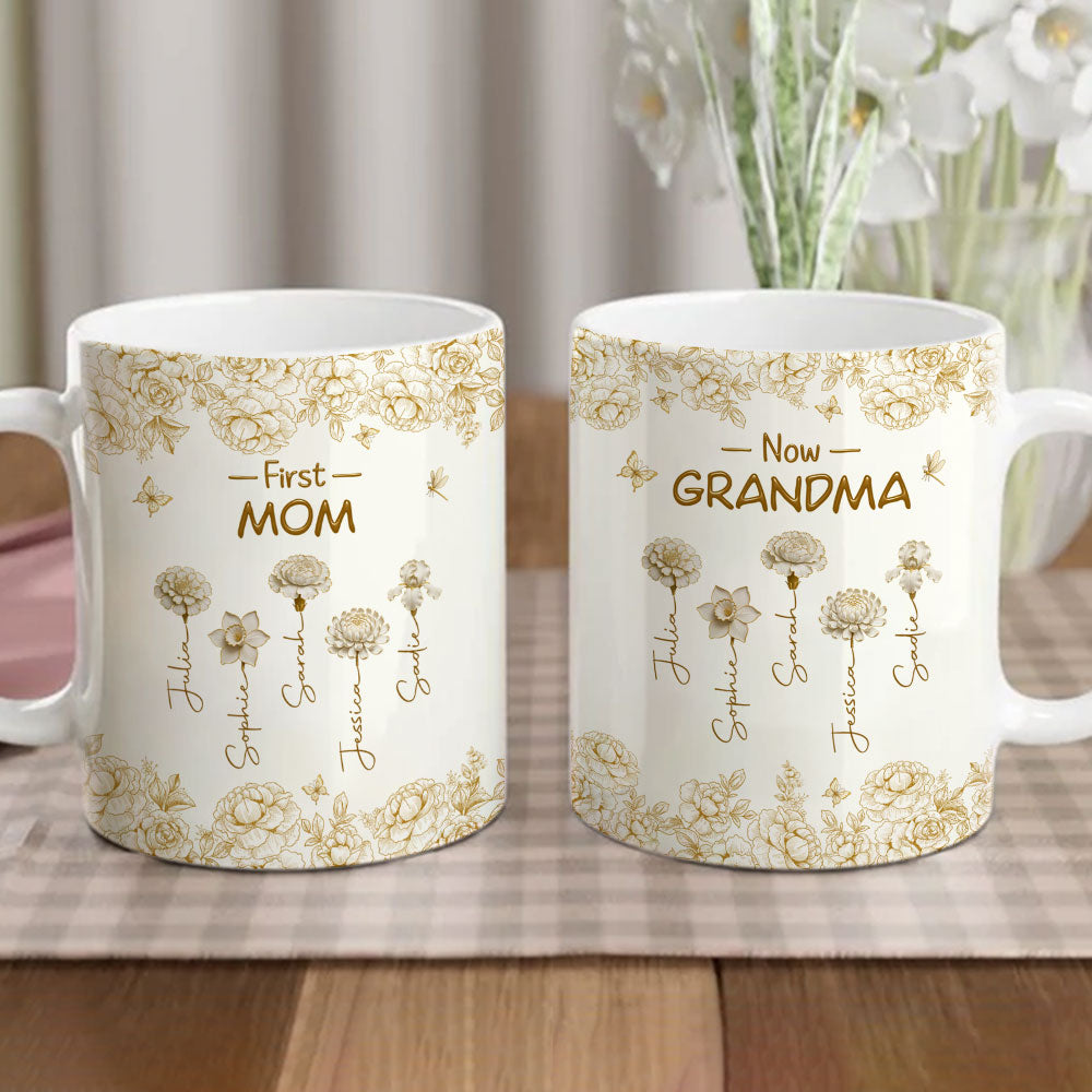 Custom Christmas & Birthday Gift For Grandma • First Mom Now Grandma Of Lovely Flowers - Personalized Coffee Mug