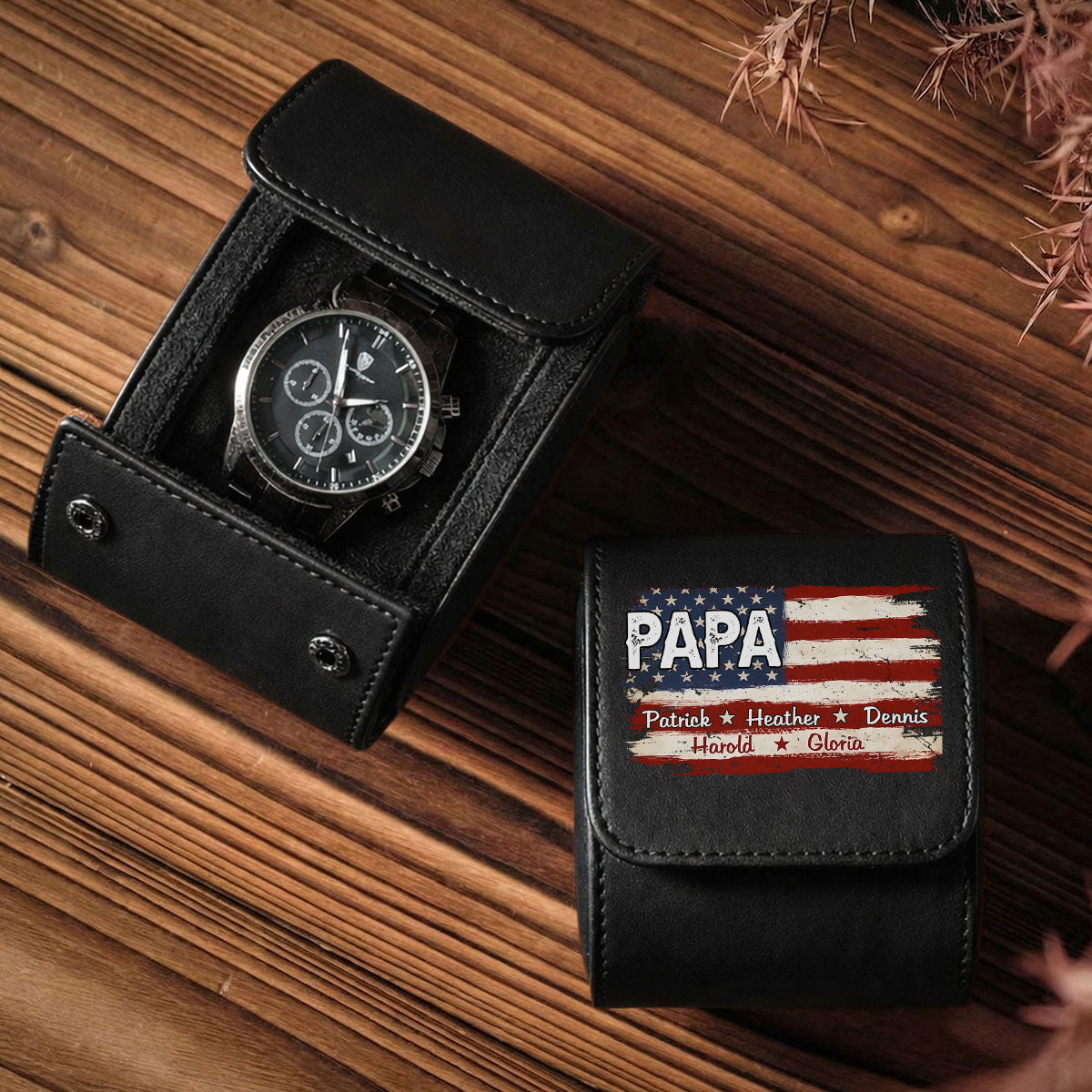 American Flag Name - Personalized Leather Watch Case