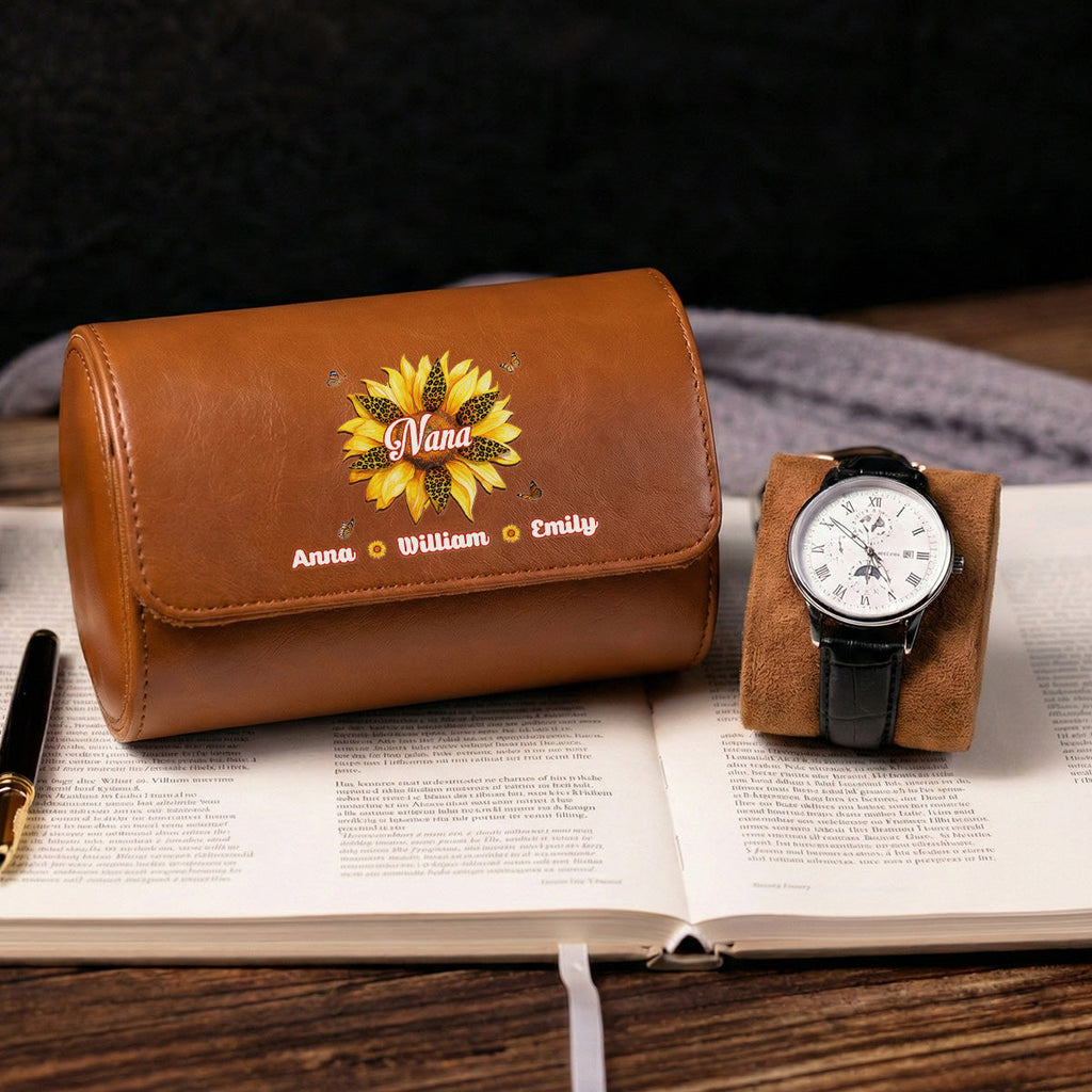 Where Grandma Sunflower Blooms - Personalized Leather Watch Case
