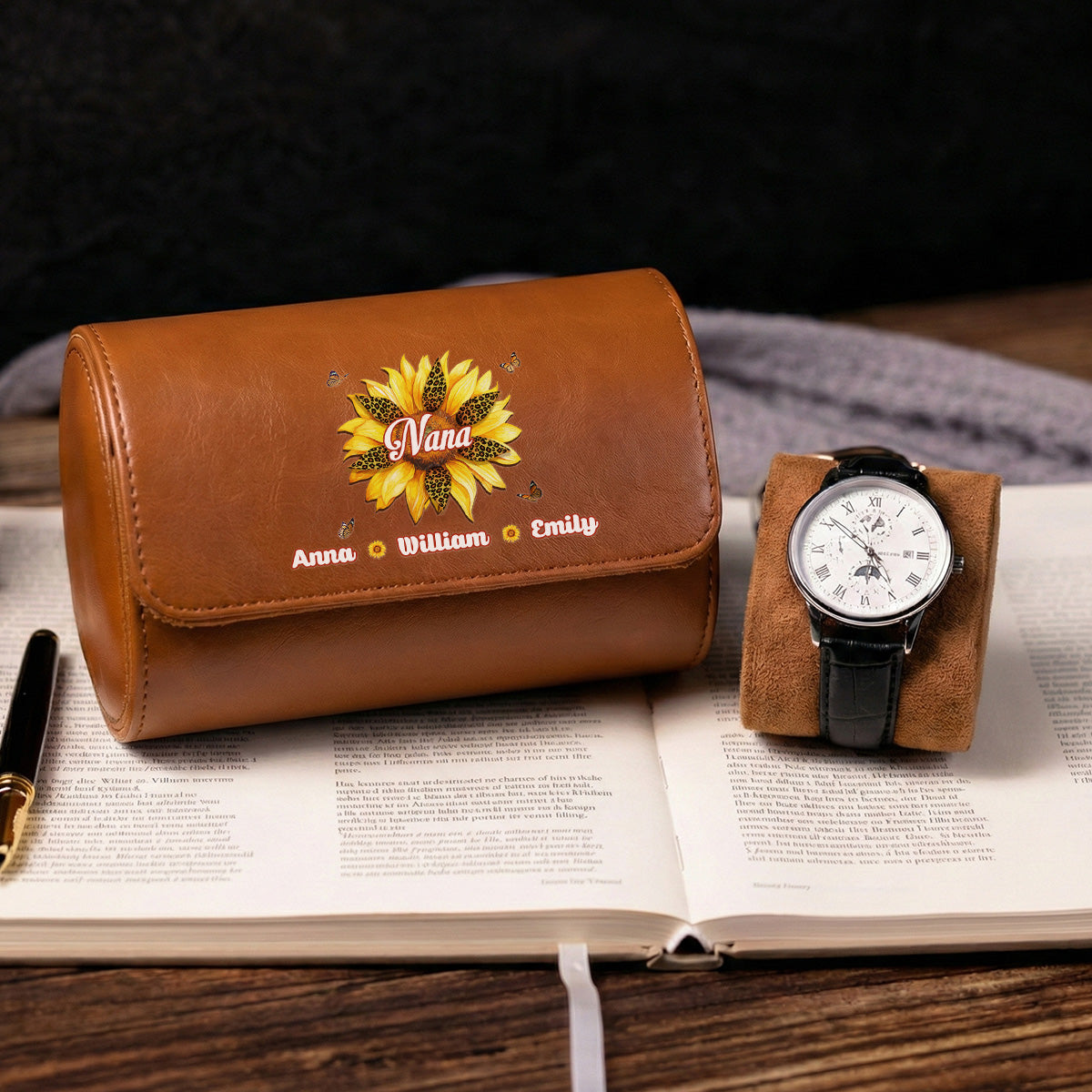 Where Grandma Sunflower Blooms - Personalized Leather Watch Case