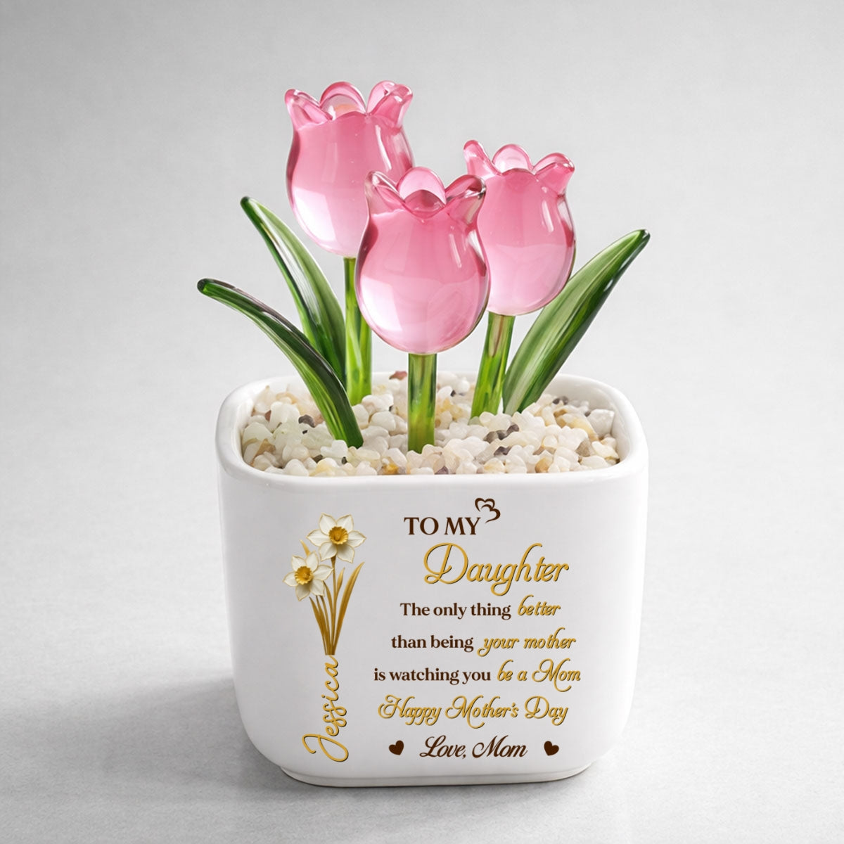 Custom Mother's Day Flower Keepsake, Glass Home Decor Gift for Daughter • Watching You Bloom - Personalized Glass Everlasting Tulips