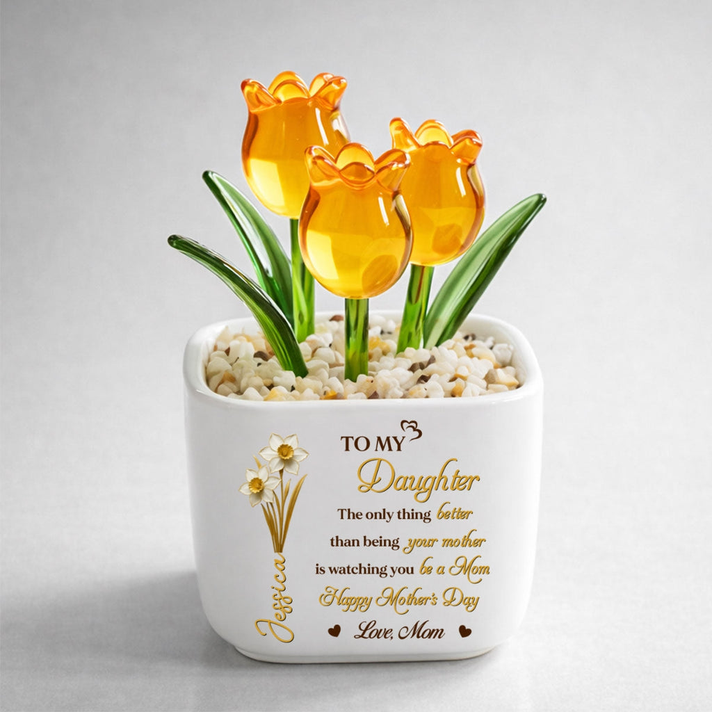 Custom Mother's Day Flower Keepsake, Glass Home Decor Gift for Daughter • Watching You Bloom - Personalized Glass Everlasting Tulips