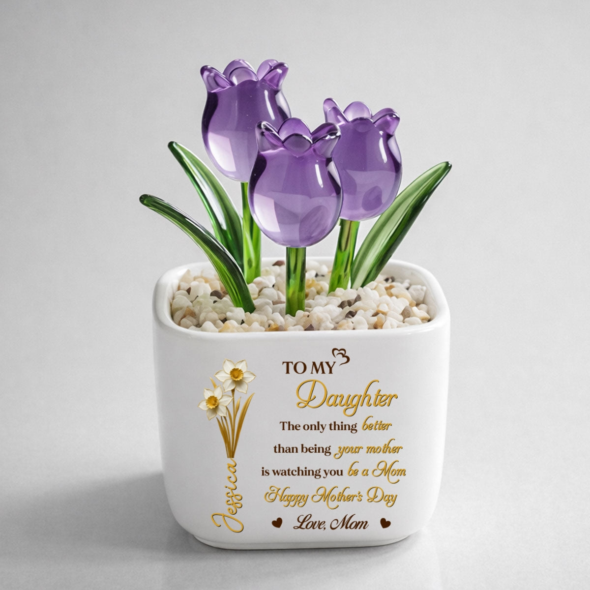 Custom Mother's Day Flower Keepsake, Glass Home Decor Gift for Daughter • Watching You Bloom - Personalized Glass Everlasting Tulips