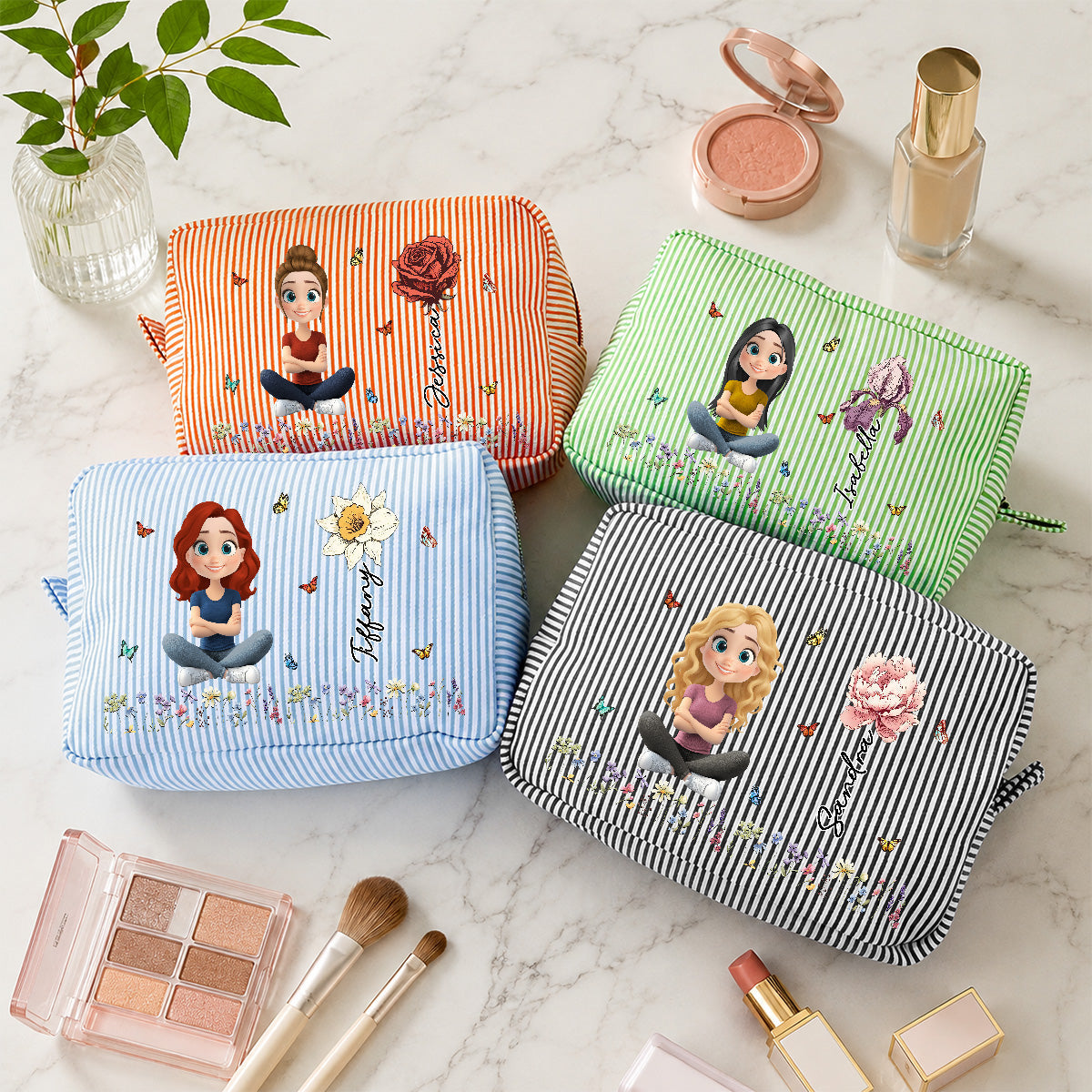 Vintage Floral Soul - Personalized Seersucker Print Makeup Bag