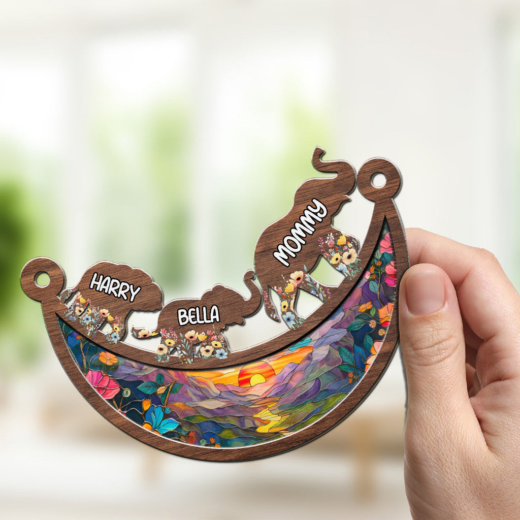 Custom Name Grandma Hanging Decor, Mother's Day Birthday Gifts • Elephant Mom Grandma - Personalized Suncatcher