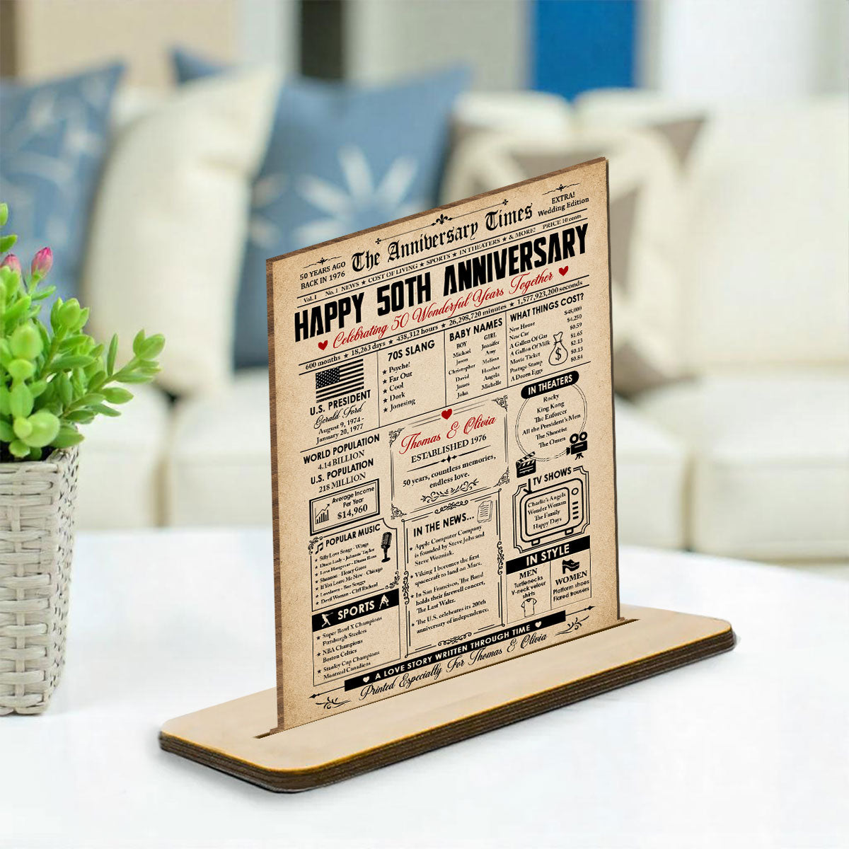 Custom Couple's Decor, Anniversary & Wedding Gift • The Anniversary Times - Personalized 2-Layer Wood Plaque With Flat Base