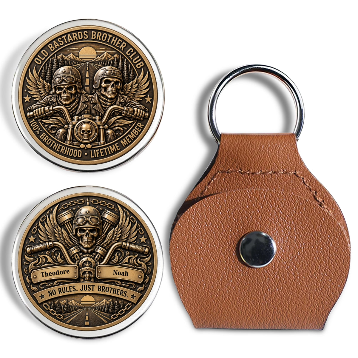 Custom Besties Coin Keychain, Friendship Birthday Gifts • Brothers Ride Through Every Mile - Personalized 3D Printing Pocket Hug