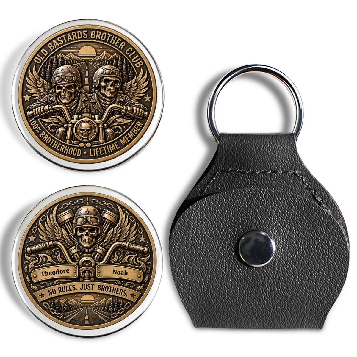 Custom Besties Coin Keychain, Friendship Birthday Gifts • Brothers Ride Through Every Mile - Personalized 3D Printing Pocket Hug