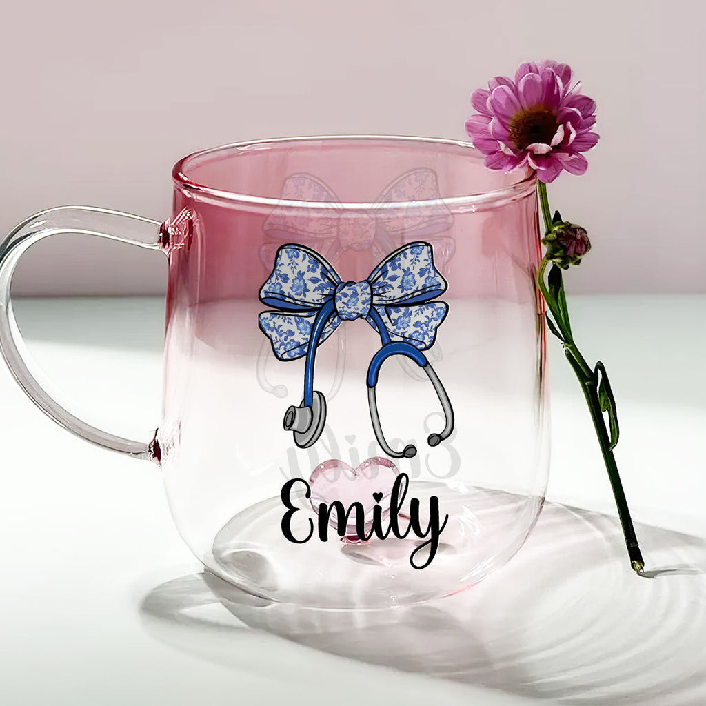 Custom Christmas & Birthday Keepsake Gift • Bow Stethoscope - Personalized Pink Gradient Glass Mug