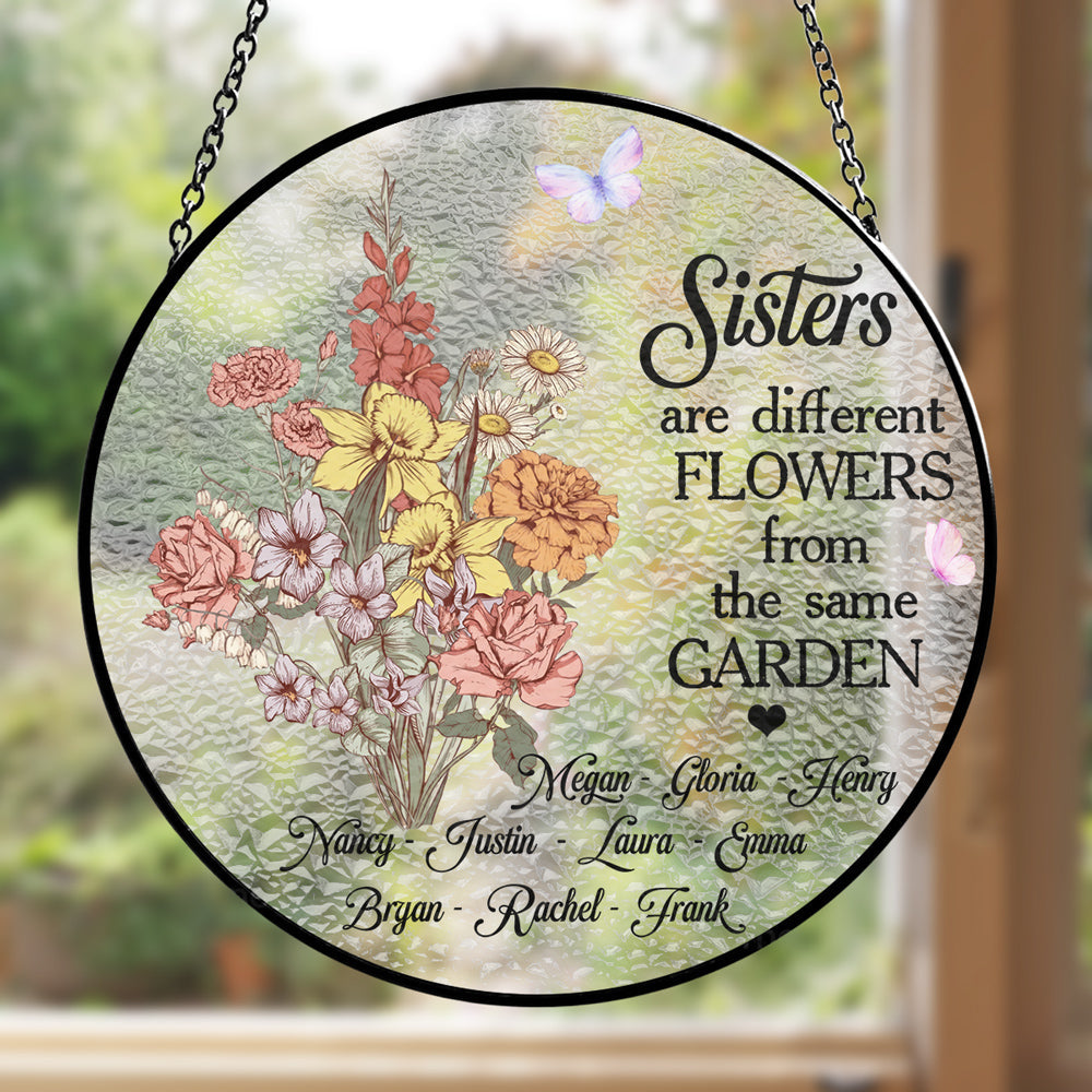 Custom Family Name Hanging Decor, Christmas Birthday Gift •  Floral Sisters Forever - Personalized Window Hanging Suncatcher