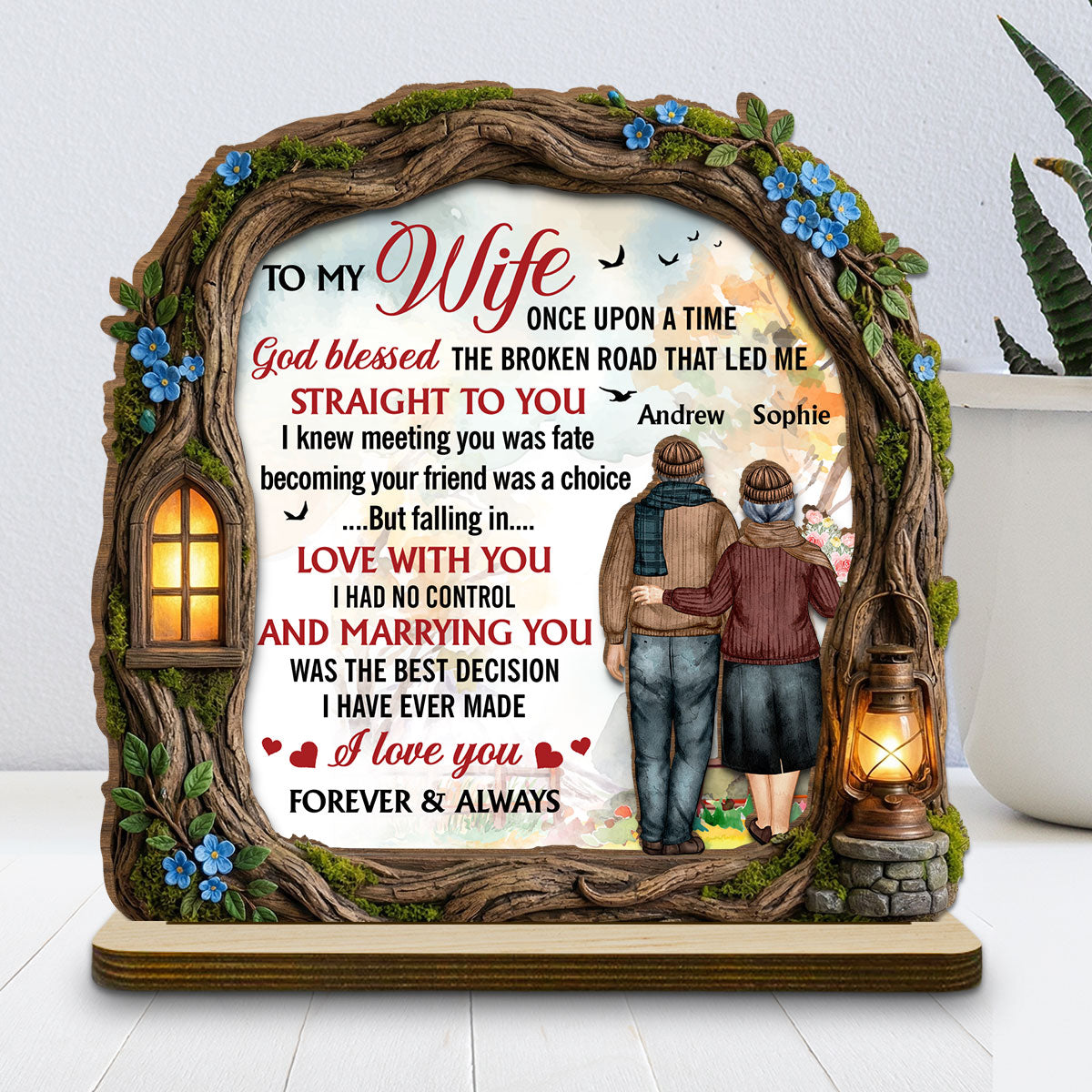 Custom Decor for Wife, Gift for Her • Led Me To You - Personalized 2-Layer Wood Plaque With Flat Base