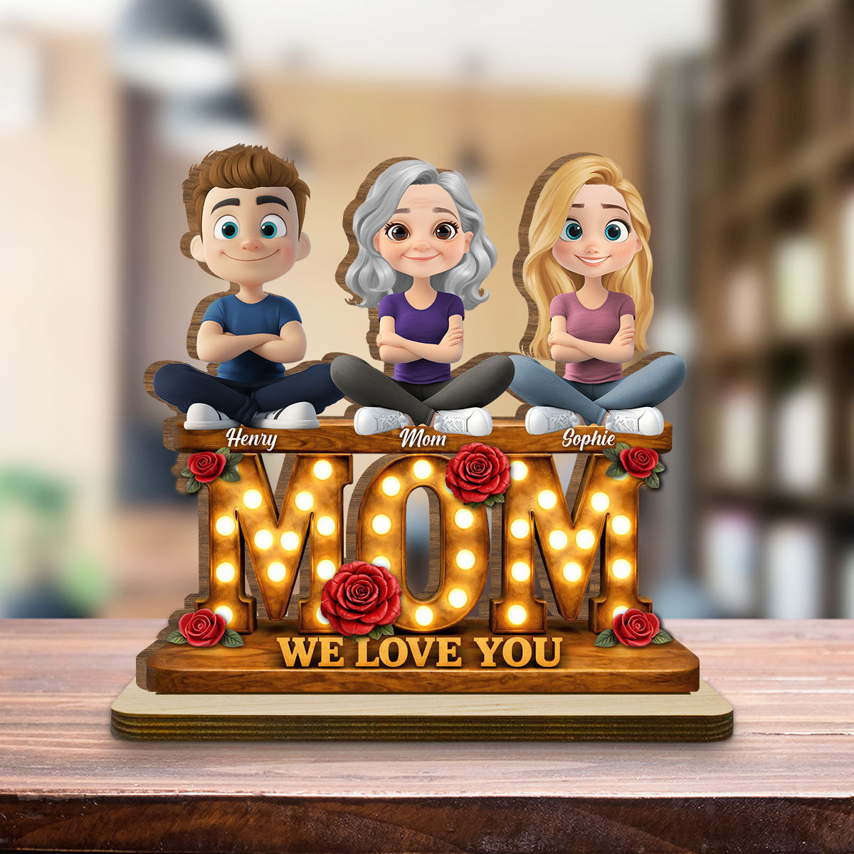 Custom Mother's Day Decor, Gift for Mom & Grandma • Mom Love Forever - Personalized 2-Layer Wood Plaque With Flat Base
