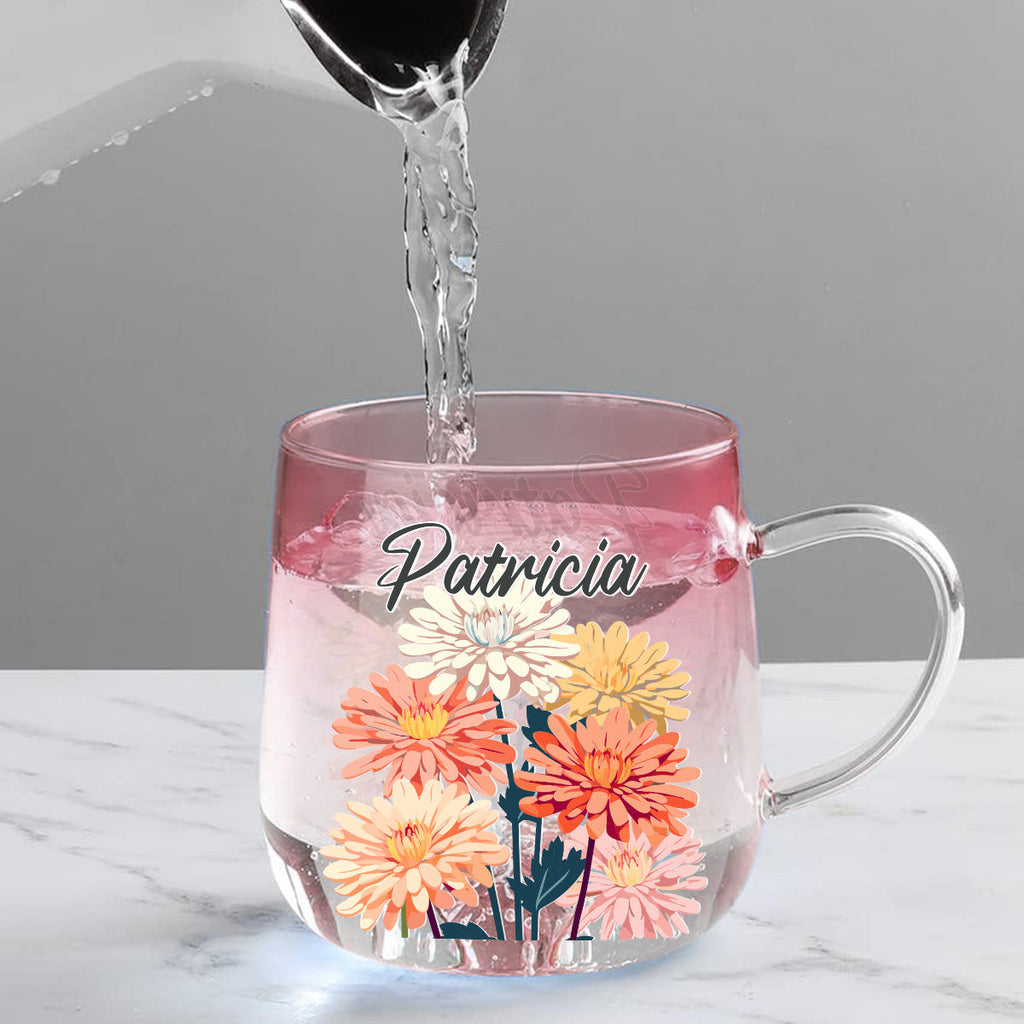 Custom Christmas & Birthday Keepsake Gift • Name Birth Month Flowers - Personalized Pink Gradient Glass Mug