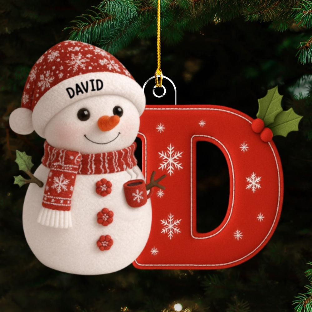 Custom Initial Christmas Ornament Stocking Tag with Name • Little Snowman Joy With Letter - Personalized Acrylic Ornament