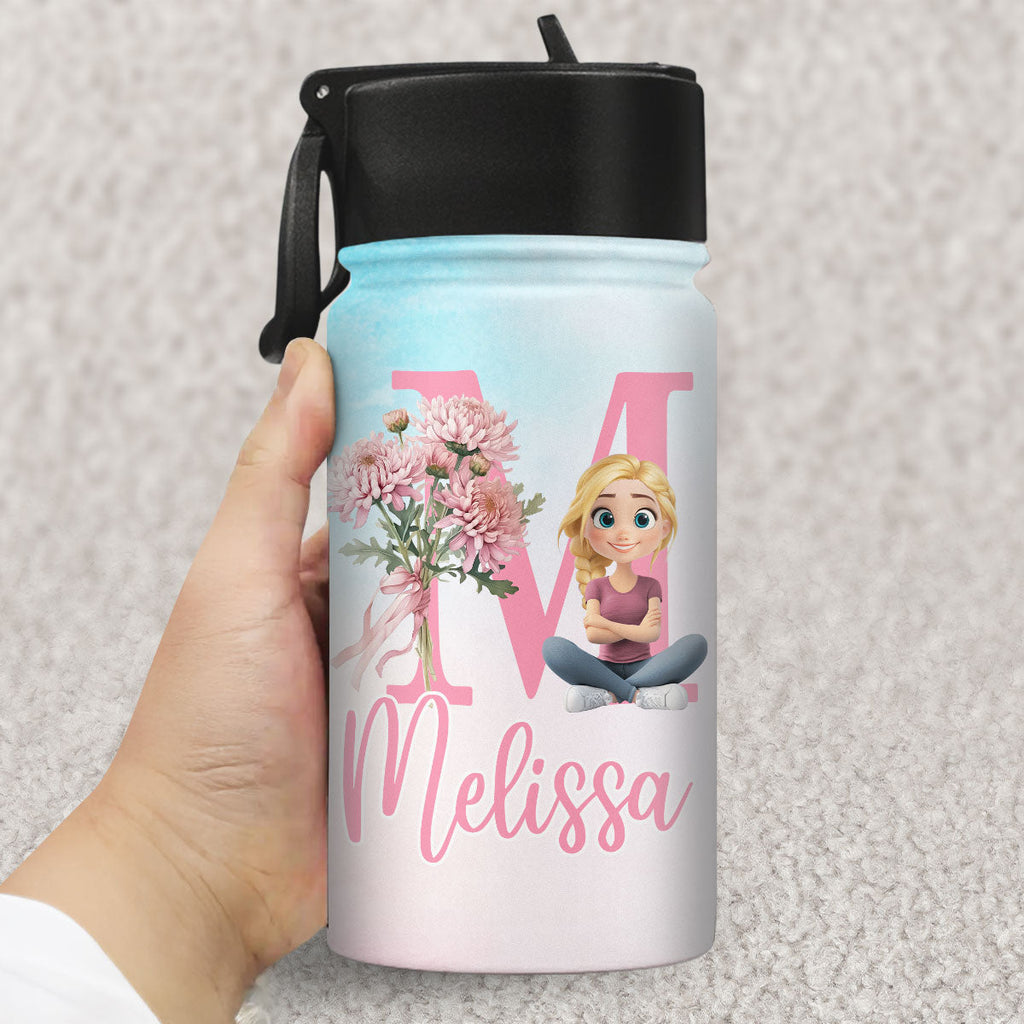 Birth Flower With Name - Personalized Kids Water Bottle