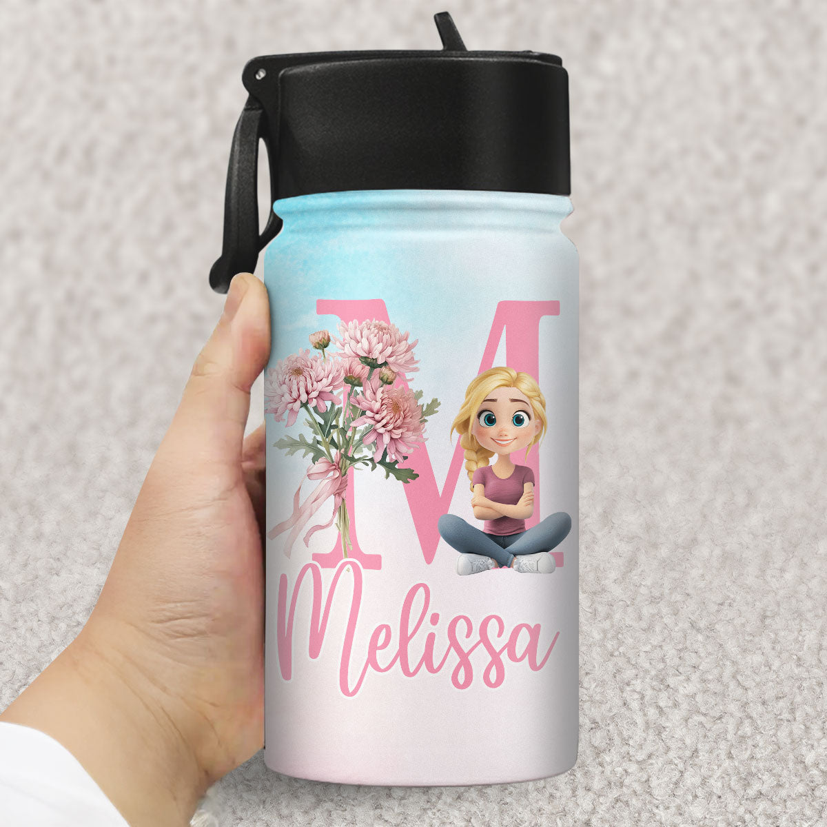 Birth Flower With Name - Personalized Kids Water Bottle