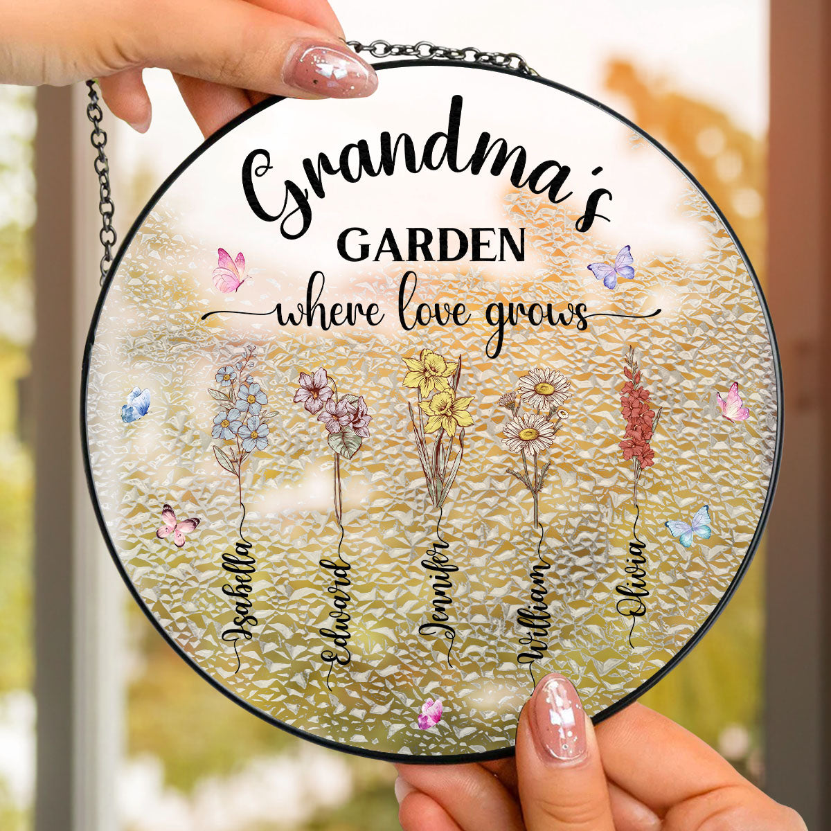 Custom Name Grandma Hanging Decor, Mother's Day Birthday Gifts • Our Love Grows Here - Window Hanging Suncatcher