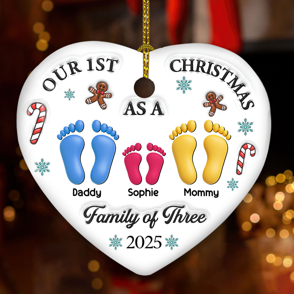 Custom Family First Christmas Ornament • Our First Christmas - Personalized 3D Effect Heart Ceramic Ornament