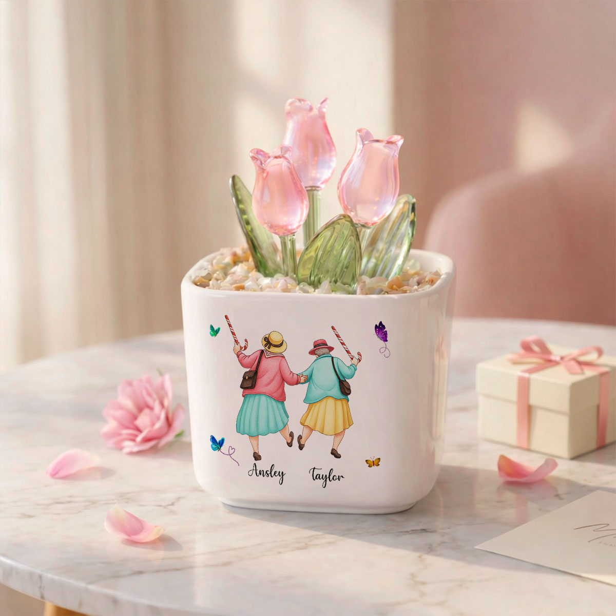 Custom Flower Keepsake, Glass Home Decor Gift for Best Friend • Matching Besties - Personalized Glass Everlasting Tulips