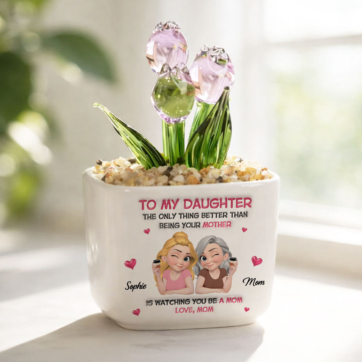 Custom Flower Keepsake, Glass Home Decor Gift for Daughter • Watching Daughter Be A Lovely Mom - Personalized Glass Everlasting Tulips