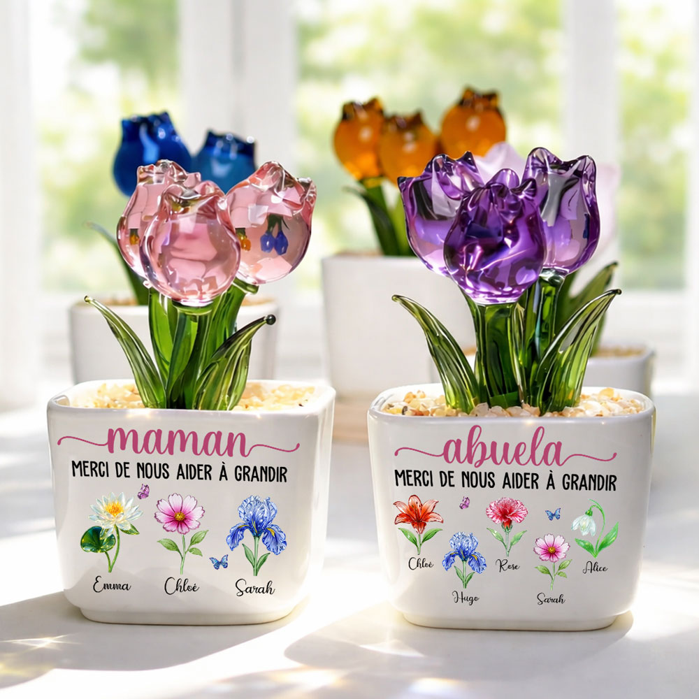 Custom Flower Keepsake, Meaningful Glass Home Decor Gift • Merci De M'Aider À Grandir - Tulipes Éternelles En Verre Personnalisées