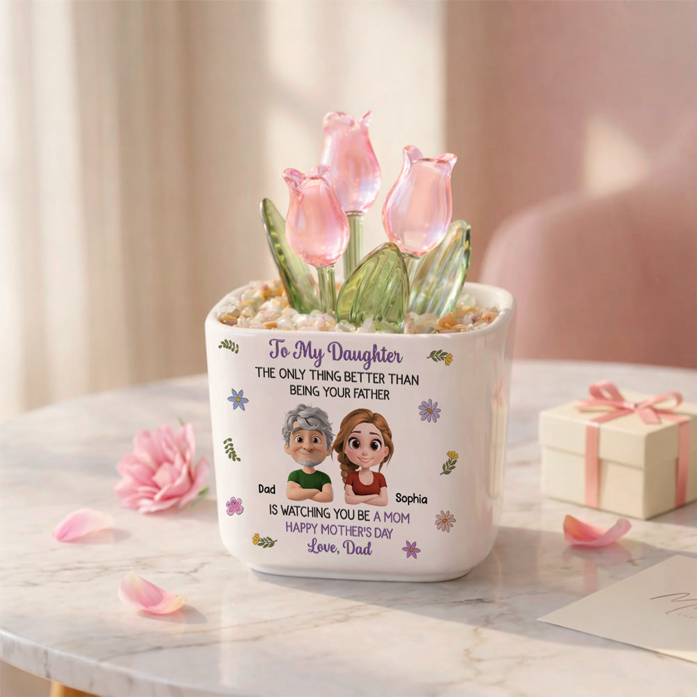 Custom Mother's Day Flower Keepsake, Glass Home Decor Gift for Daughter • Dad And Daughter Linked Together Cartoon - Personalized Glass Everlasting Tulips