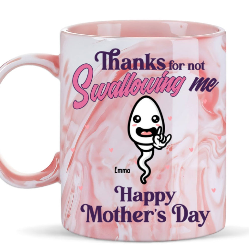 Custom Mother's Day Gift for Mom & Grandma • Thanks For Not Swallowing Us - Personalized Pink Marble Mug