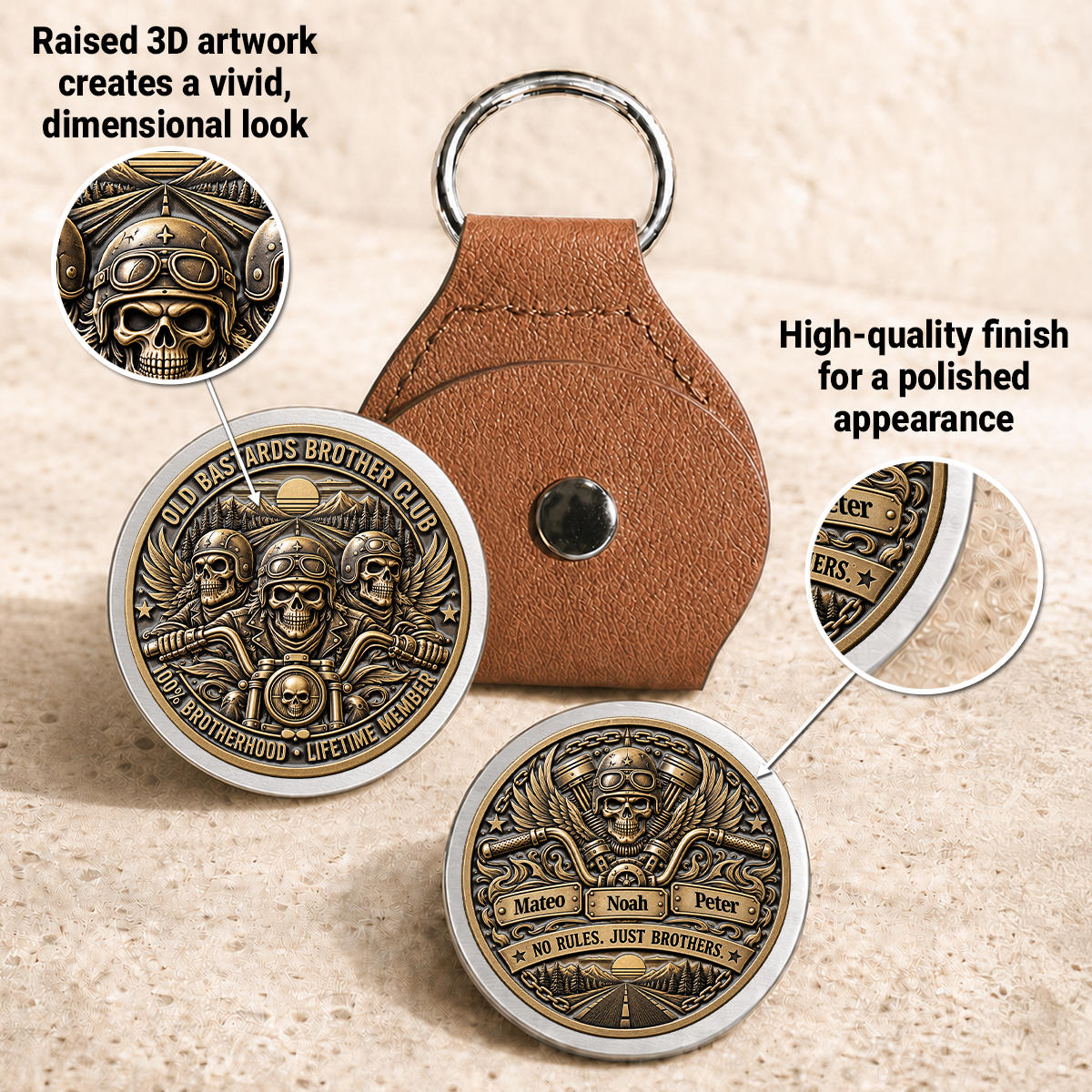 Custom Besties Coin Keychain, Friendship Birthday Gifts • Brothers Ride Through Every Mile - Personalized 3D Printing Pocket Hug