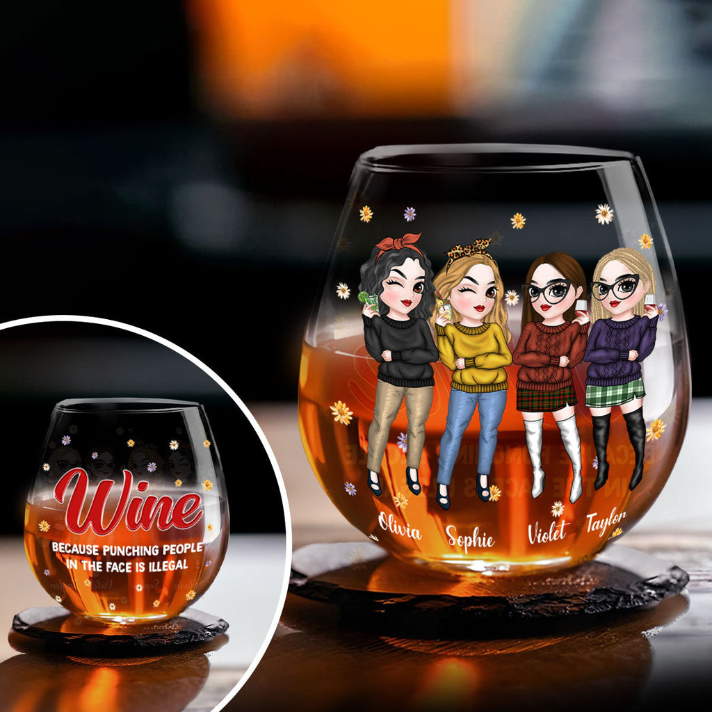 Punching People In The Face Is Illegal - Personalized Wine Glass