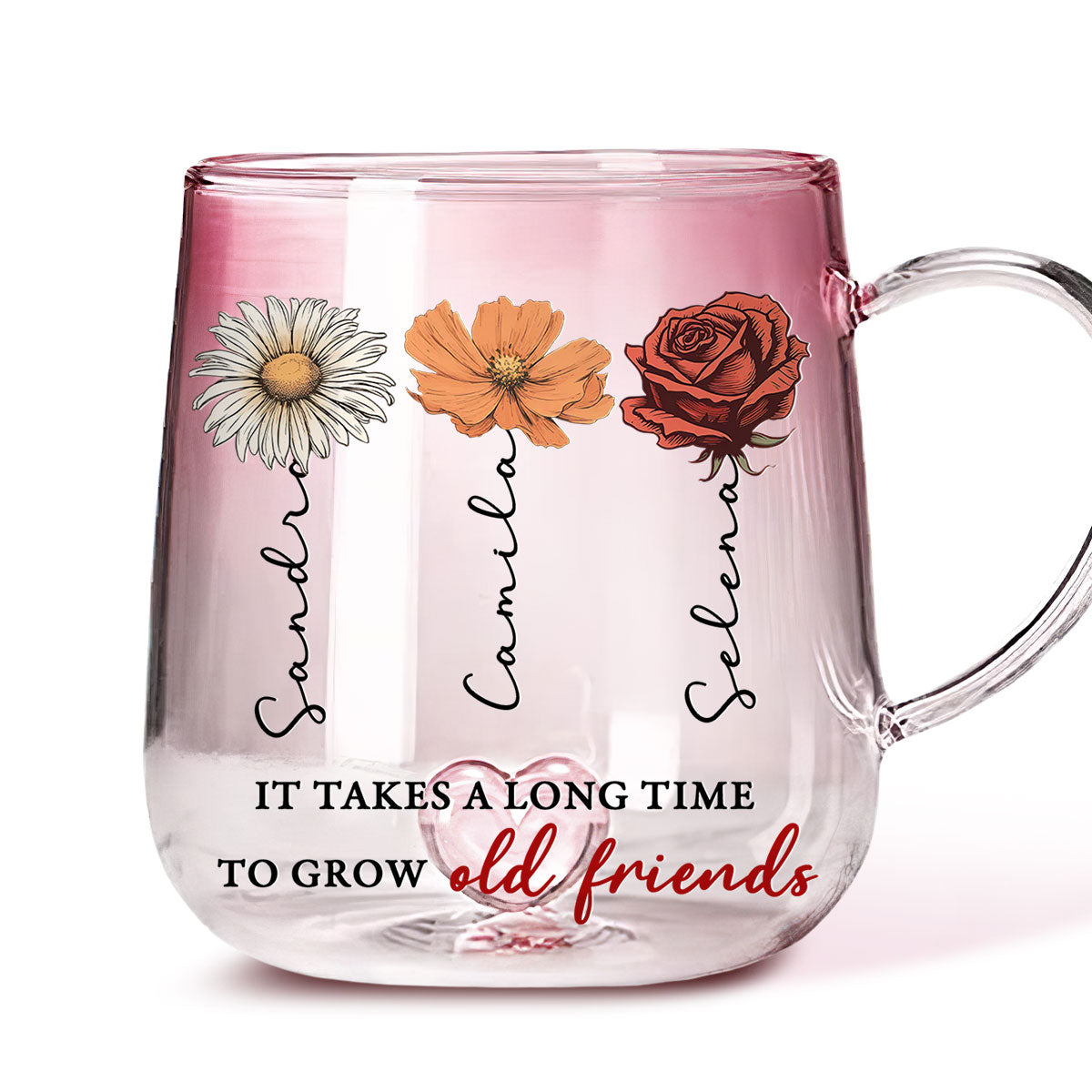 Custom Name & Birth Flower Birthday, Christmas Gift for Best Friend • It Takes A Long Time - Personalized Pink Gradient Glass Mug