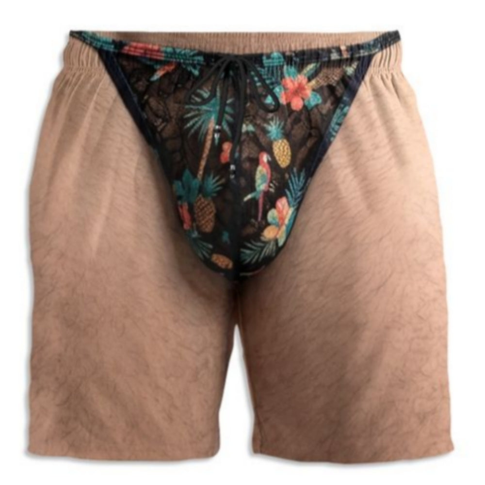 Custom Funny Hairy Man Swim Trunks, Birthday Summer Gift • Tropical Vibes - Personalized Beach Shorts