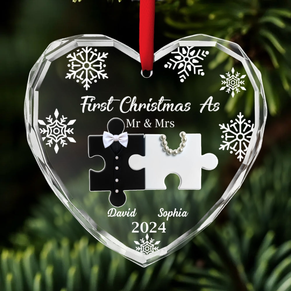 Custom First Christmas Ornament Married, Gift for Newlyweds •  First Christmas As Married - Personalized Glass Ornament