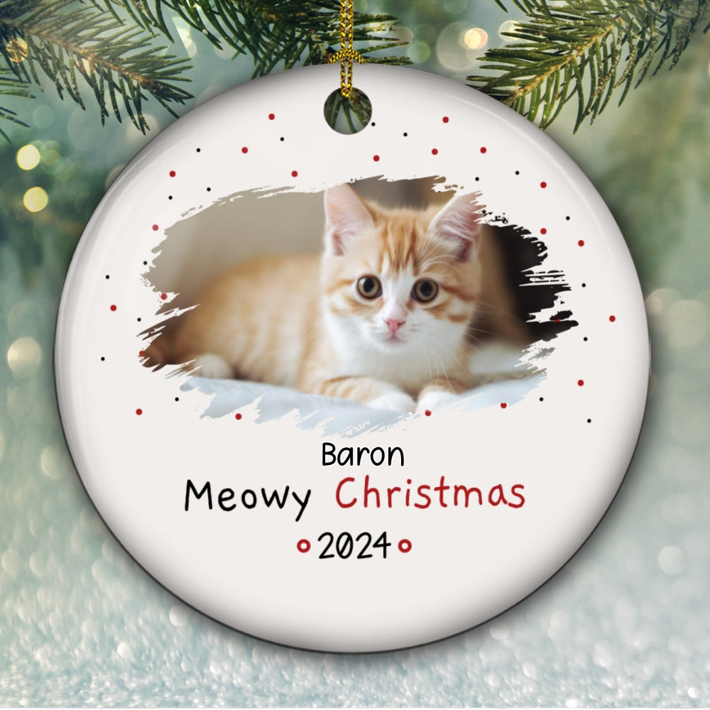Custom Photo Keepsake Christmas Ornament • Meowy Christmas Photo - Personalized Circle Ceramic Ornament