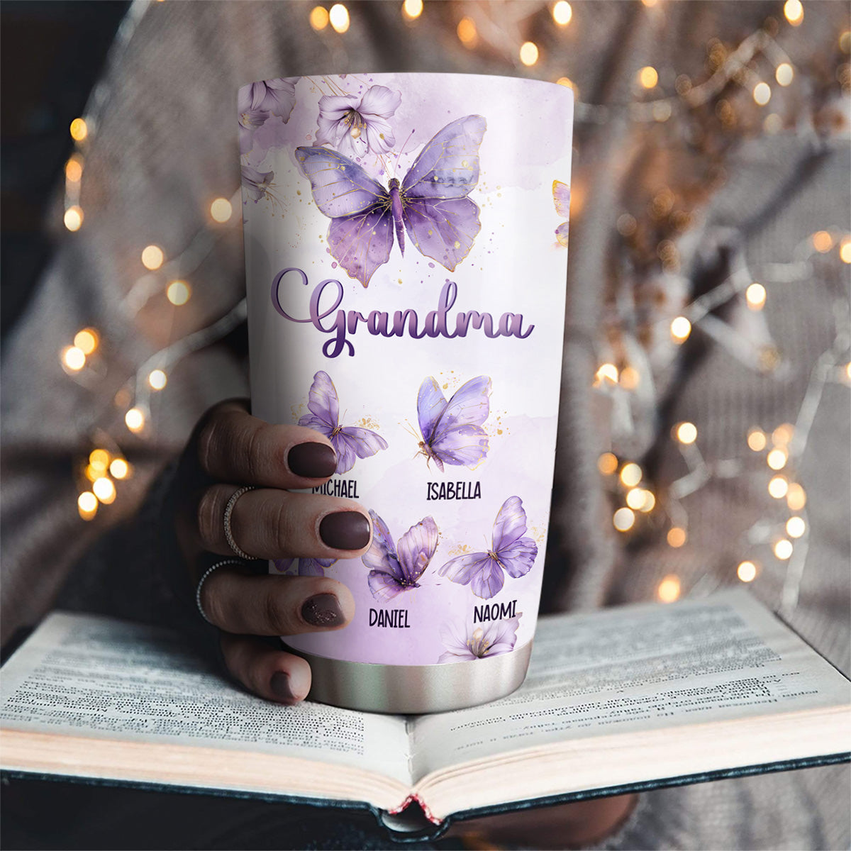 Custom Christmas Birthday Gifts For Grandma • Grandma Purple Butterfly With Flower - Personalized Tumbler