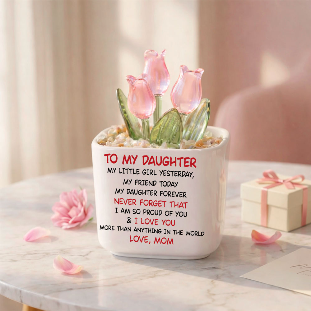 Custom Flower Keepsake, Meaningful Glass Home Decor Gift • Mom And Daughter Forever Back View - Personalized Glass Everlasting Tulips