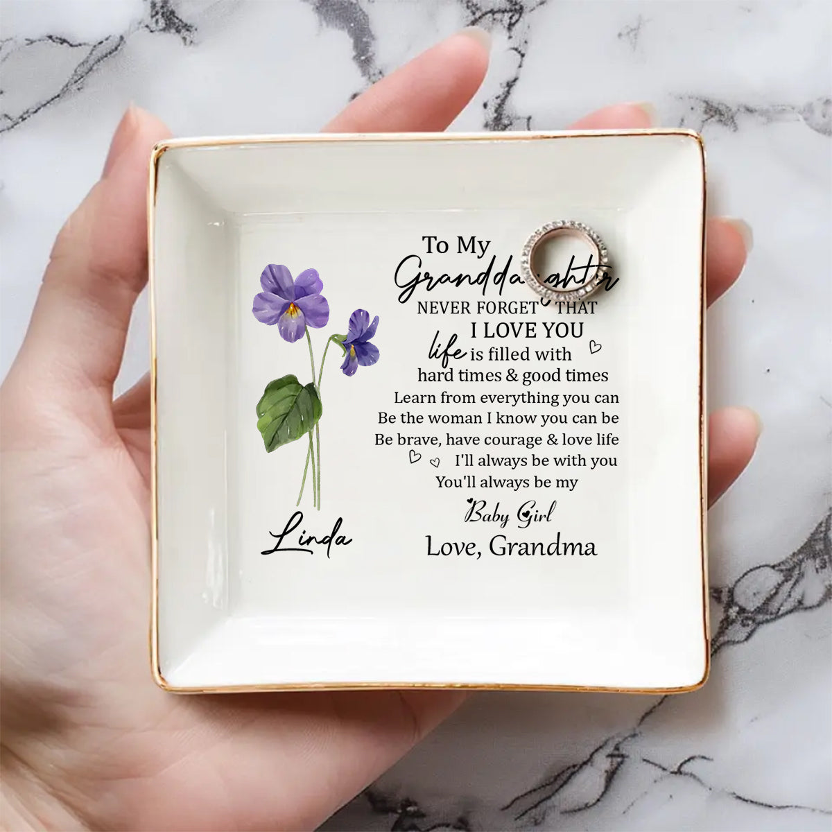 Custom Granddaughter Trinket Dish, Birthday Christmas Gift • Never Forget Granddaughter - Personalized Jewelry Dish