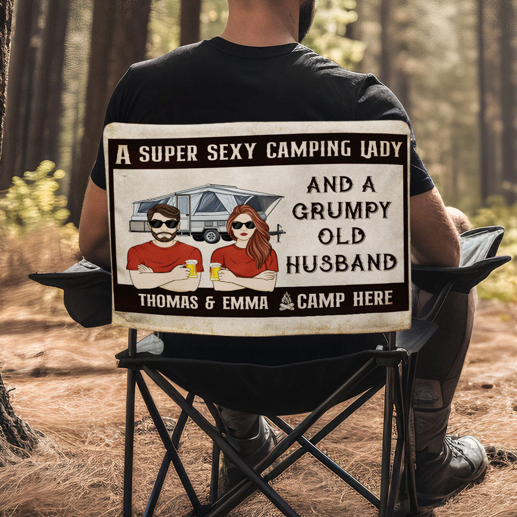 Sexy Camping Lady And Grumpy Old Husband - Personalized Camping Chair Cover