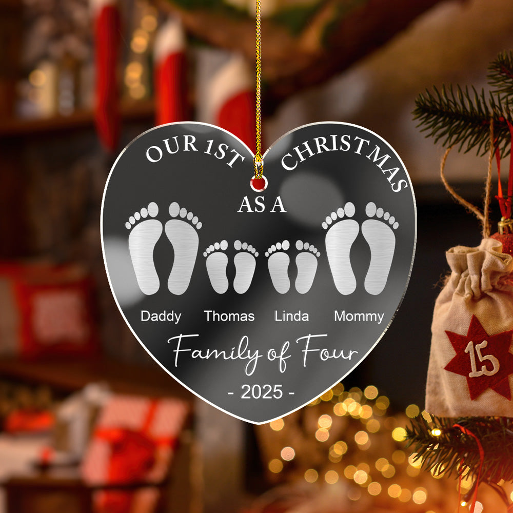 Custom First Christmas Ornament Married, Gift for Newlyweds •  First Christmas As A Family Footprints - Personalized Mirrored Acrylic Ornament