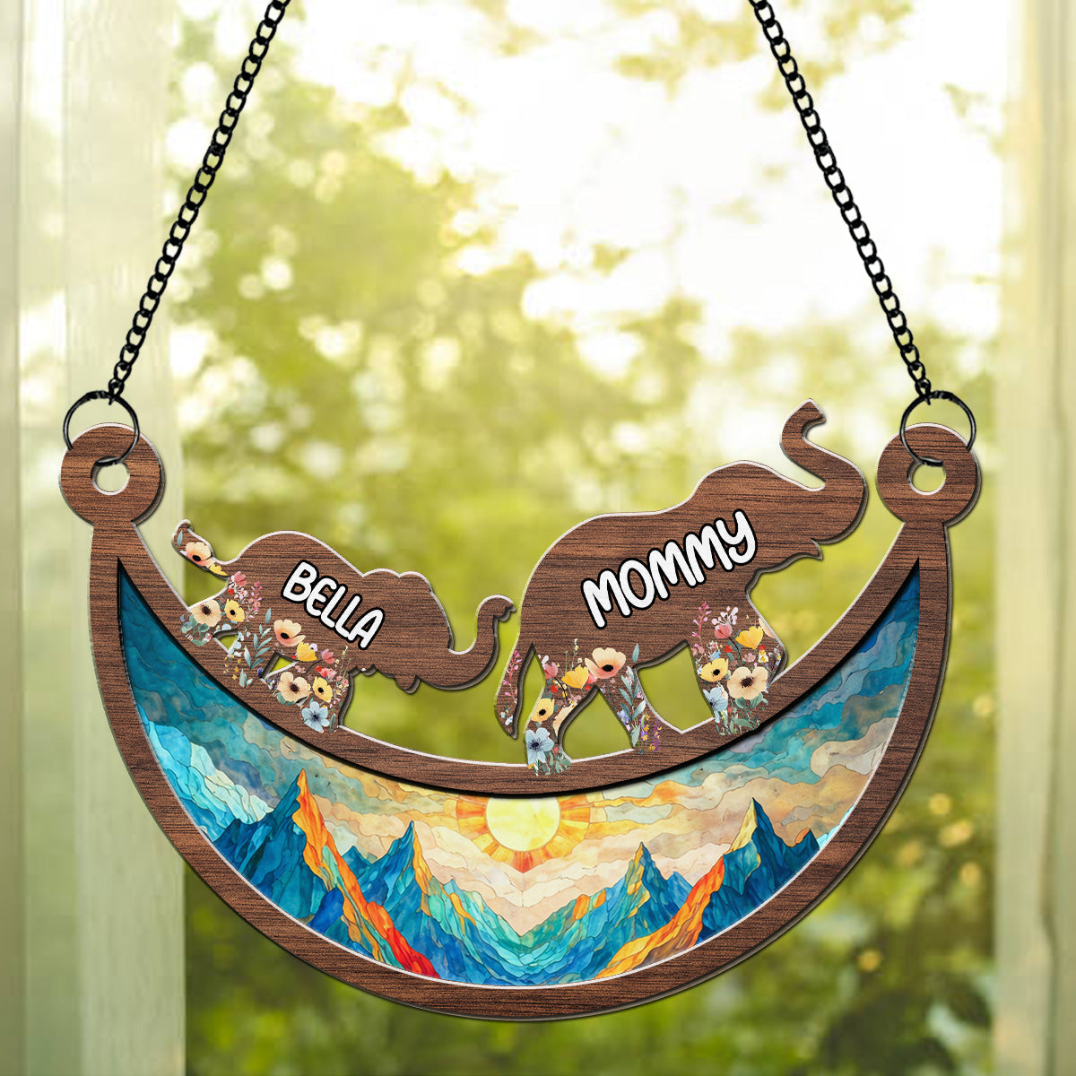 Custom Name Grandma Hanging Decor, Mother's Day Birthday Gifts • Elephant Mom Grandma - Personalized Suncatcher