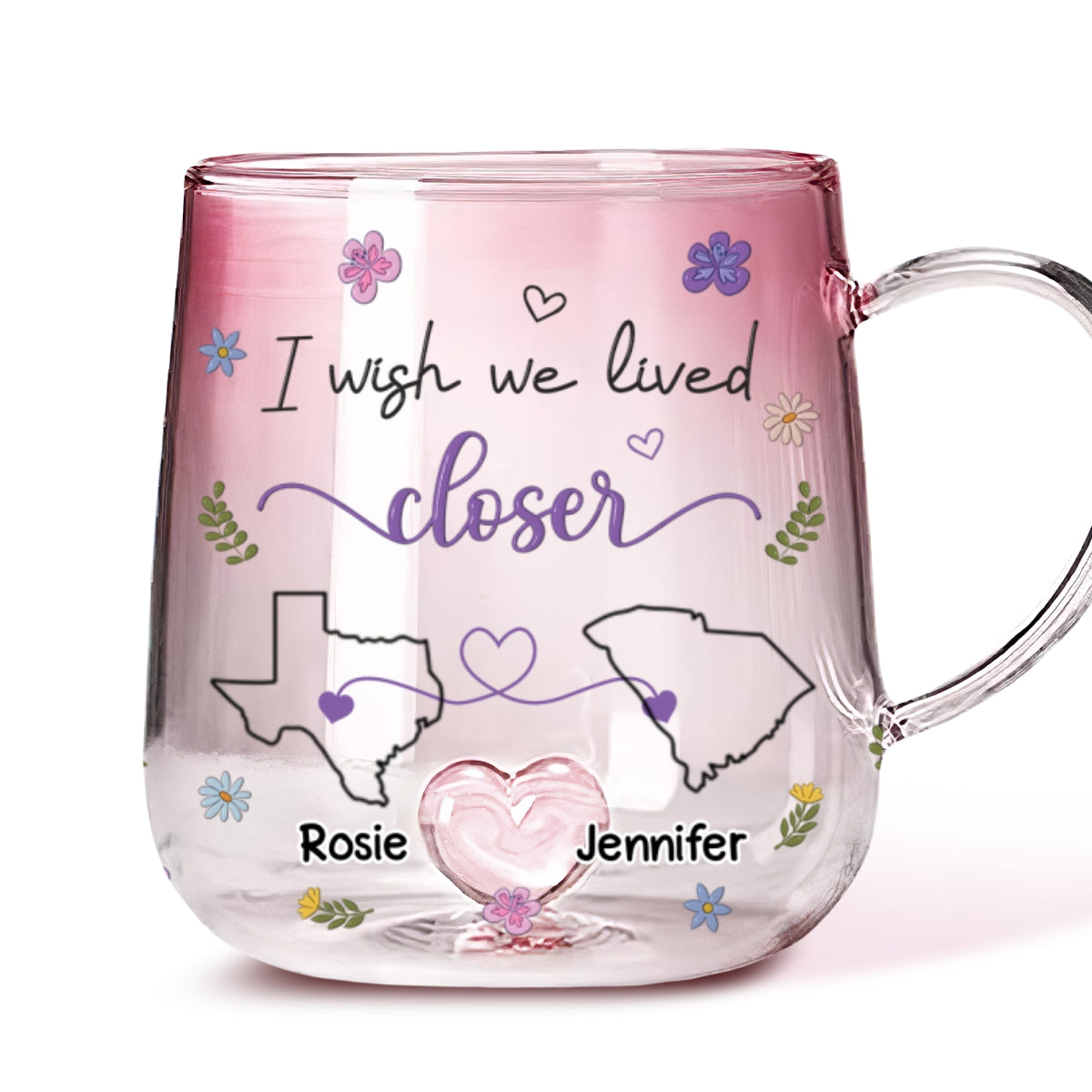Custom Best Friend, Christmas & Birthday Friendship Keepsake Gift • I Wish We Lived Closer Flowers Version - Personalized Pink Gradient Glass Mug