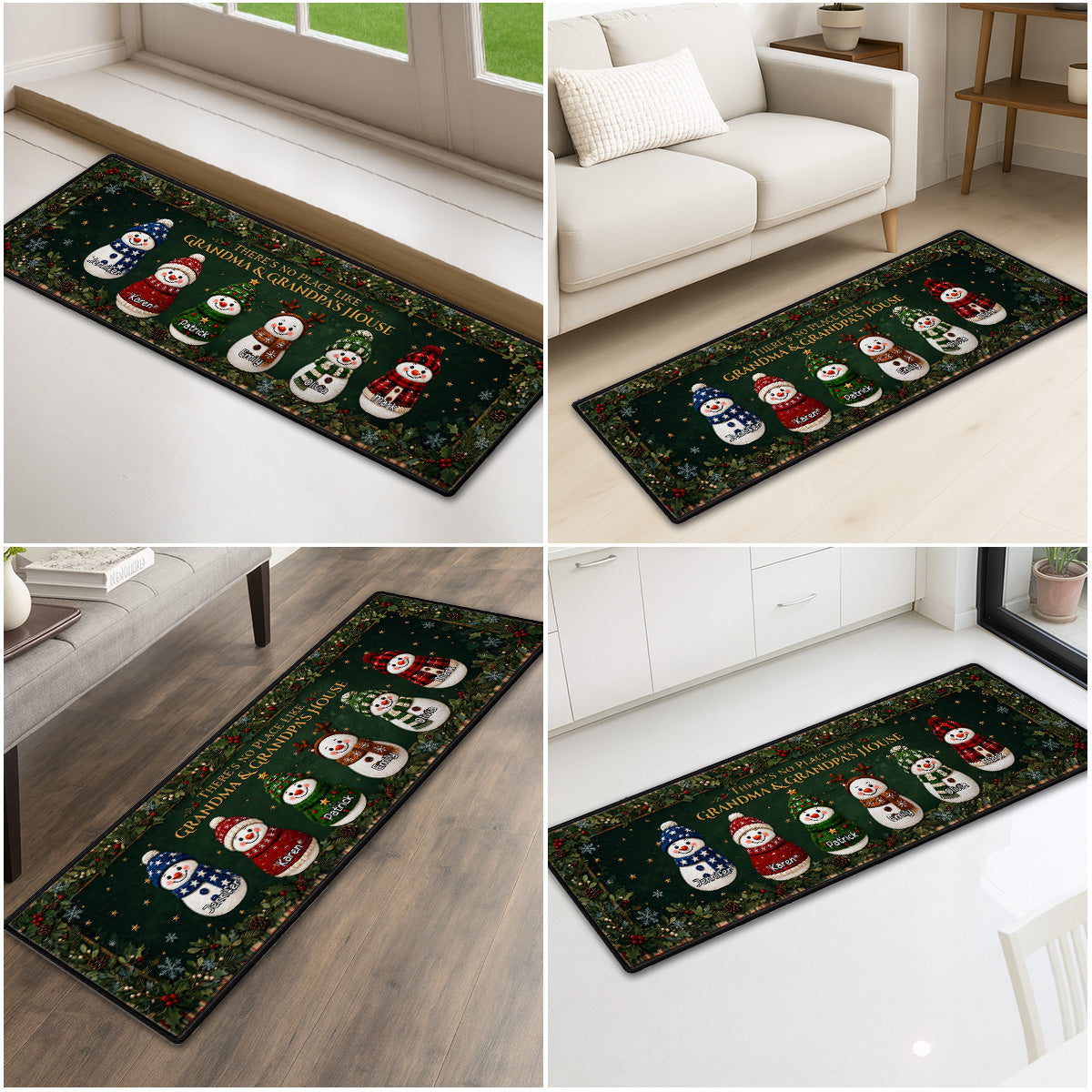 Custom Family Name Christmas Rug, Holiday Gift For Grandma Grandpa • Cozy Snowman Family - Personalized Runner Rug